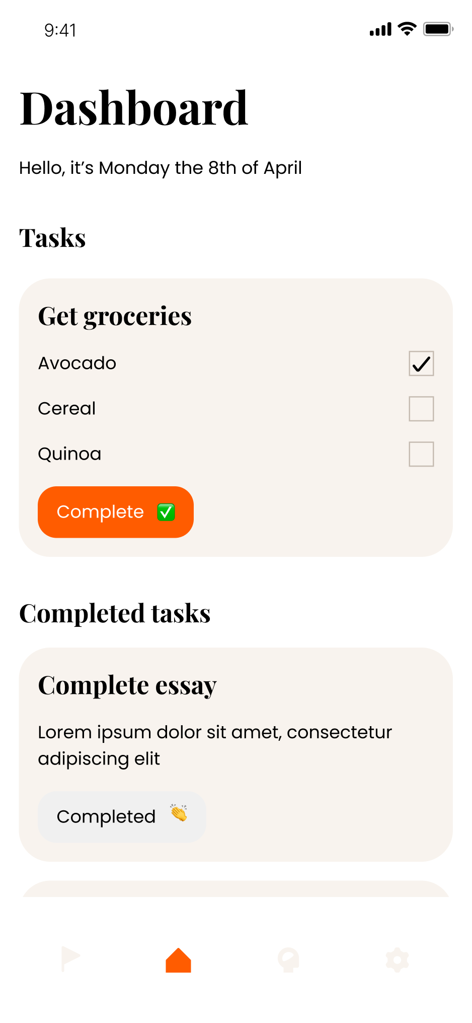 Dashboard screen of the Habitus app