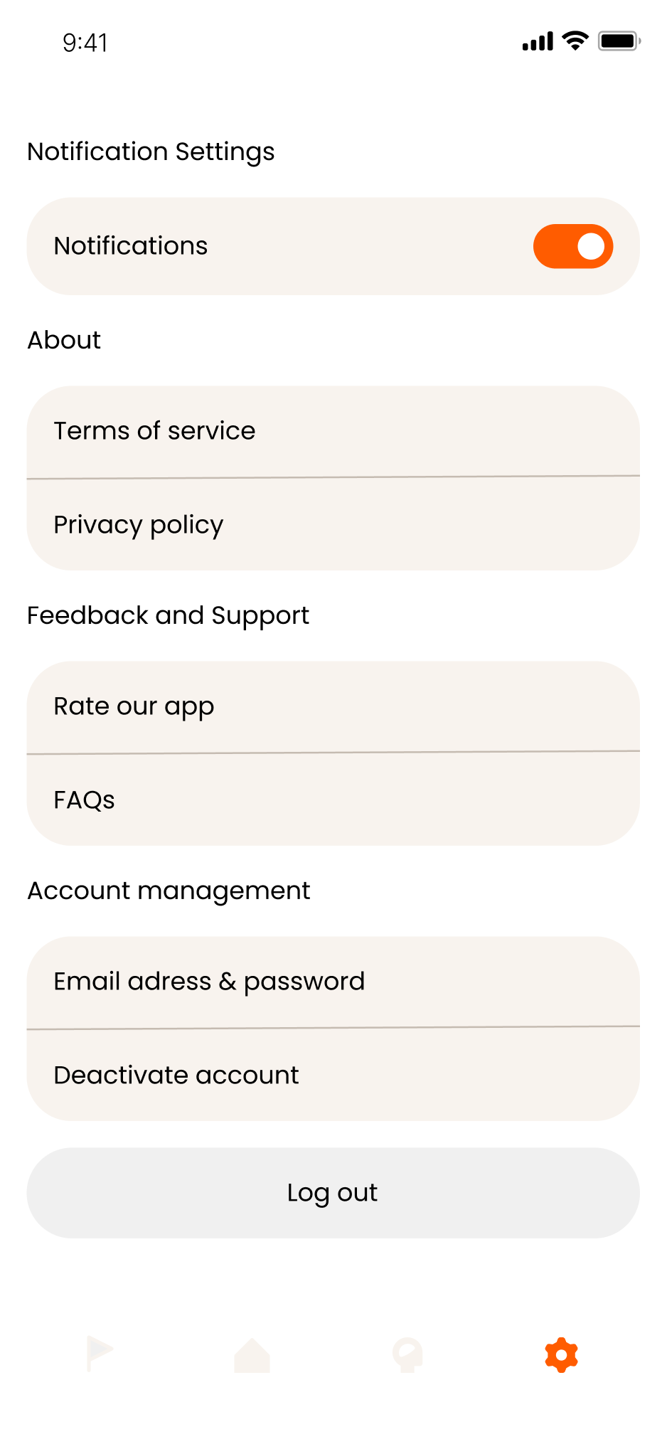 Settings screen of the Habitus app